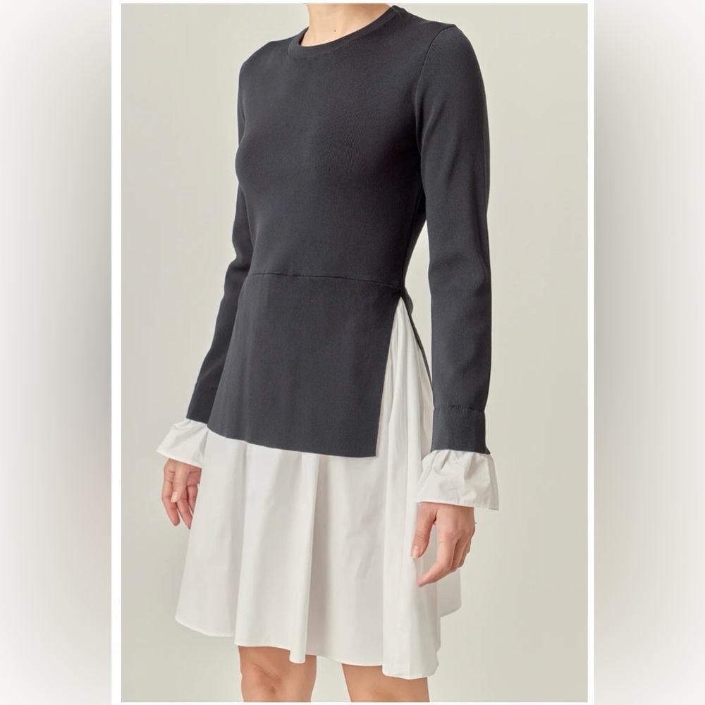 English Factory Poplin Knit Mini Dress Womens M Black White A-line Silhouet